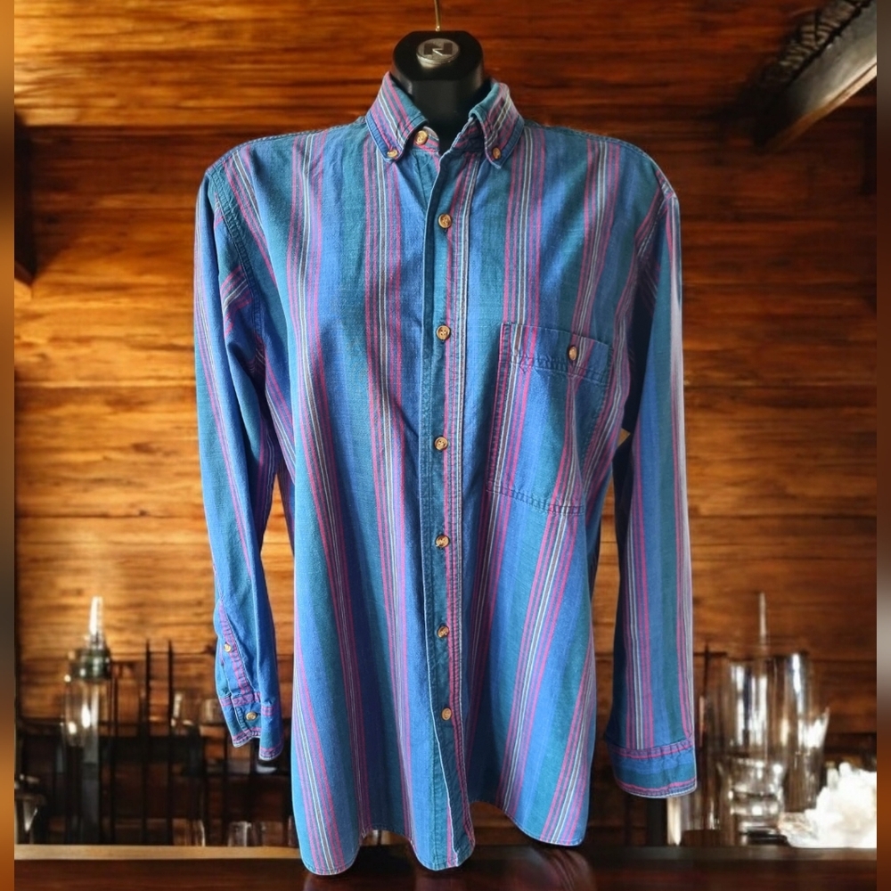 Denim Express Vintage 100% Cotton Pink Blue & Green Striped Men's Shirt